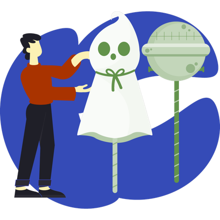Boy presenting white ghost candy  Illustration