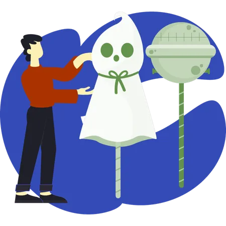 Boy presenting white ghost candy  Illustration