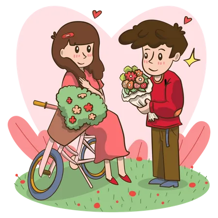 Man Holding Flowers Proposing To Woman To Marry Him Happy Valentines Day Concept Young Couple In Love Marriage Offer Greeting Card Illustration