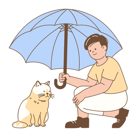 Boy Protecting Cat with Umbrella  Illustration
