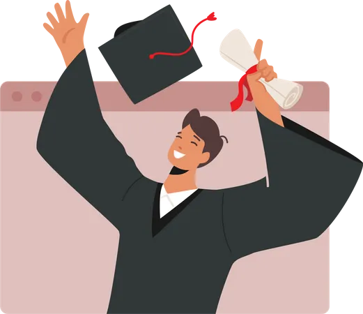 Boy Proudly Holding Diploma Degree and Throwing Hat Illustration
