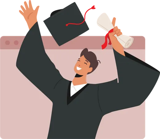 Boy Proudly Holding Diploma Degree and Throwing Hat  Illustration