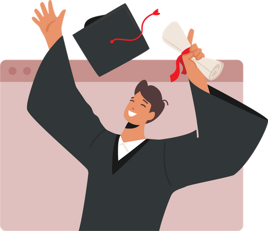 Boy Proudly Holding Diploma Degree and Throwing Hat  イラスト