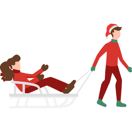 Boy pulling girl sitting on sleigh Illustration