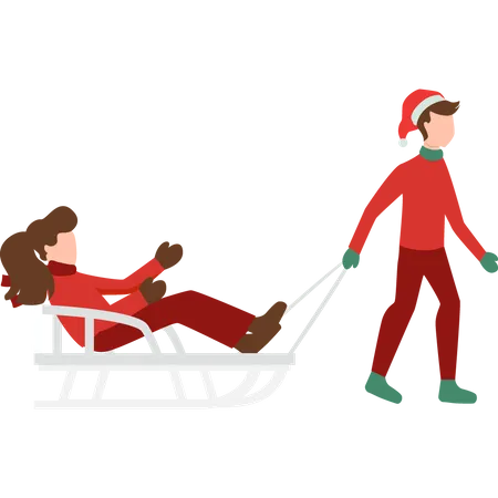 Boy pulling girl sitting on sleigh  Illustration