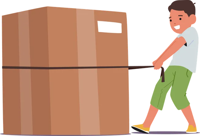 Boy pulling large cardboard box  Illustration