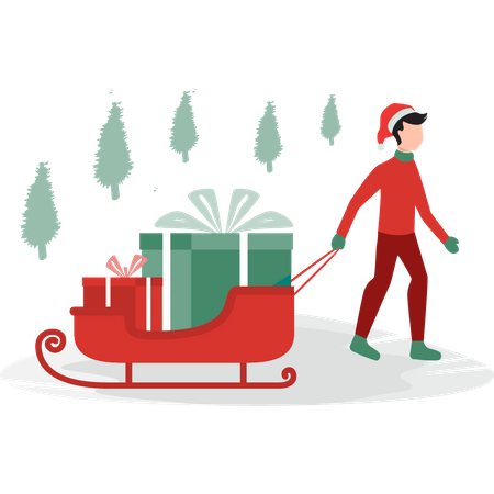 Boy pulling the sleigh of gifts Illustration