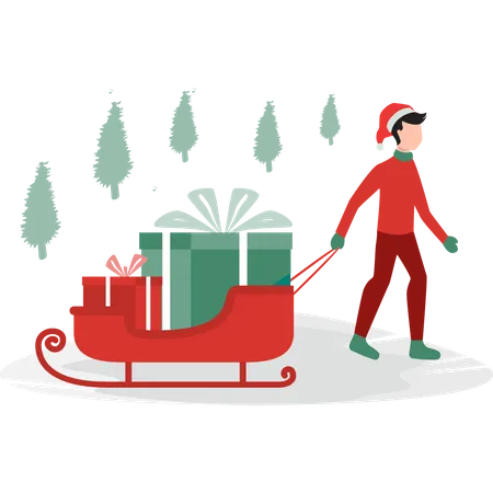 Boy pulling the sleigh of gifts Illustration