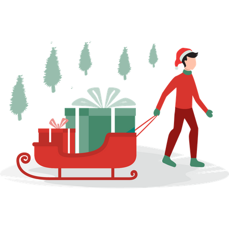 Boy pulling the sleigh of gifts  Illustration