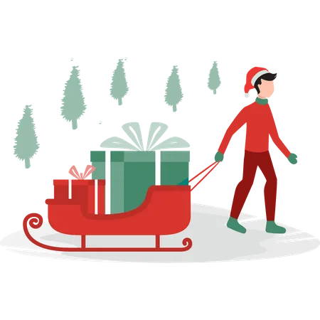 Boy pulling the sleigh of gifts  Illustration