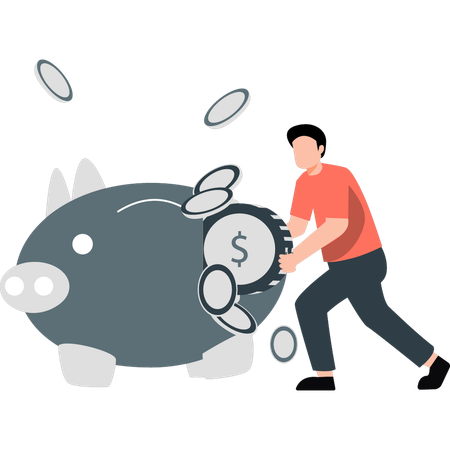 Boy pushing dollar coin in piggy bank  Illustration