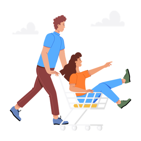 Boy pushing girl in shopping cart  Illustration