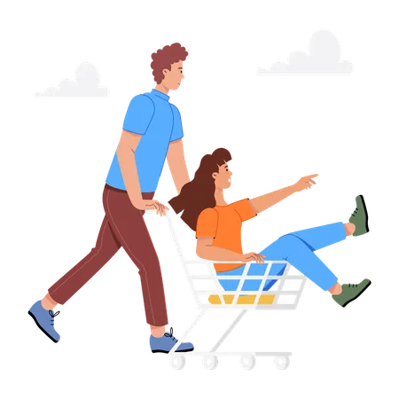 Boy pushing girl in shopping cart  Illustration