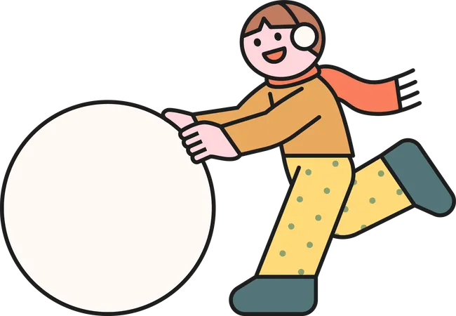 Boy pushing large snowball  Illustration