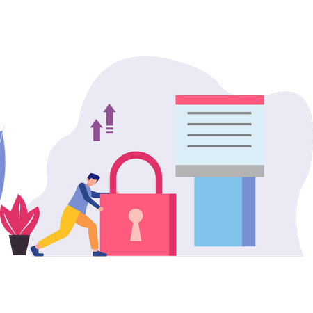 Boy pushing security lock  Illustration