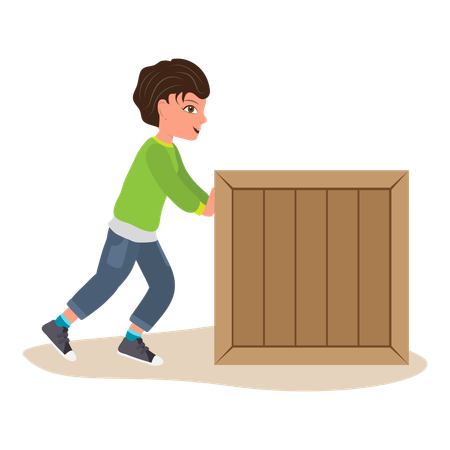 Boy Pushing wooden box  Illustration