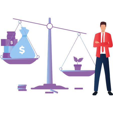 Boy put money and nature on scale of life  Illustration