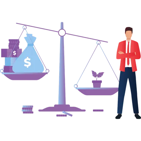 Boy put money and nature on scale of life  Illustration