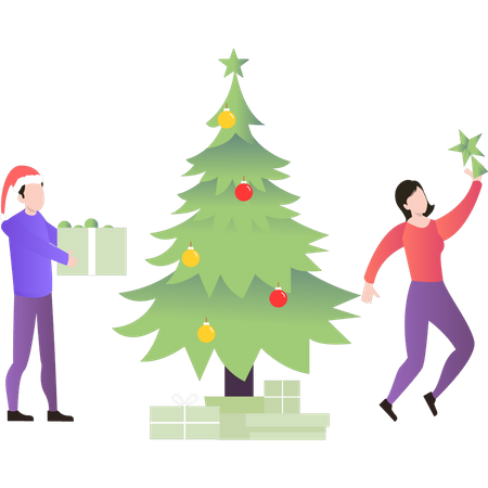 Boy puts presents near the Christmas tree  Illustration
