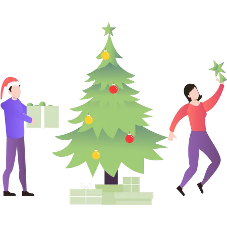 The Boy Puts Presents Near The Christmas Tree Illustration