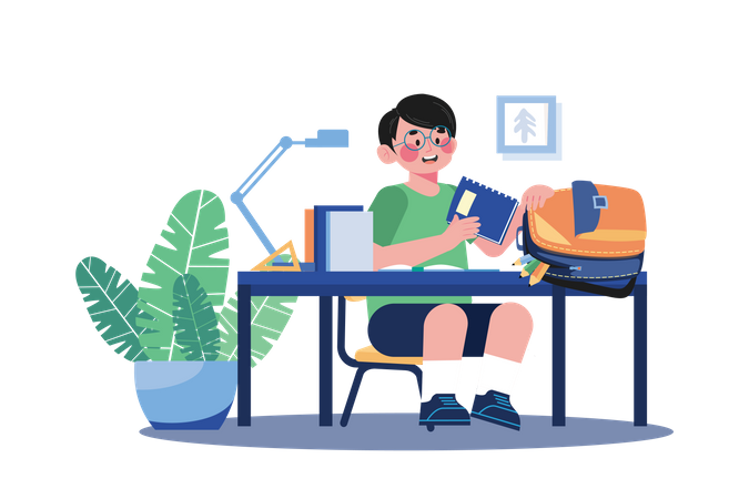 Boy putting books in school bag  Illustration