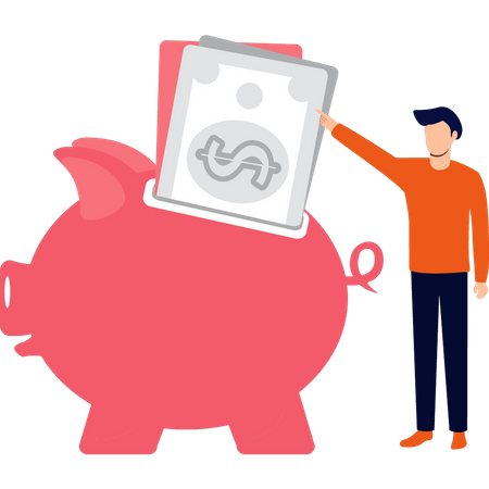 Boy putting cash in piggy bank  Illustration