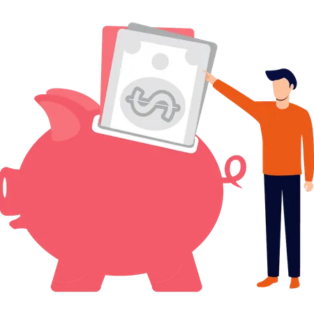 Boy Putting Cash In Piggy Bank Illustration