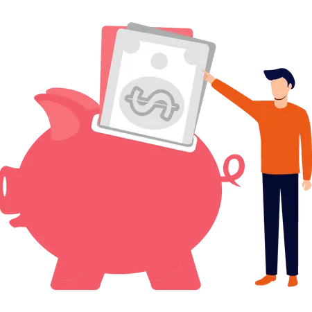 Boy putting cash in piggy bank  Illustration