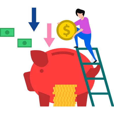 Boy putting dollars in piggy bank  Illustration