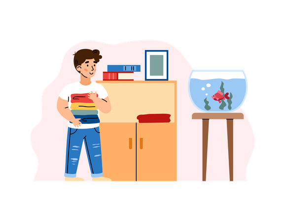 Boy putting folded clean clothes in dresser at his room  Illustration