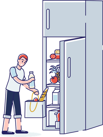 Boy putting goods in refrigerator Illustration