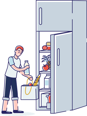 Boy putting goods in refrigerator  Illustration