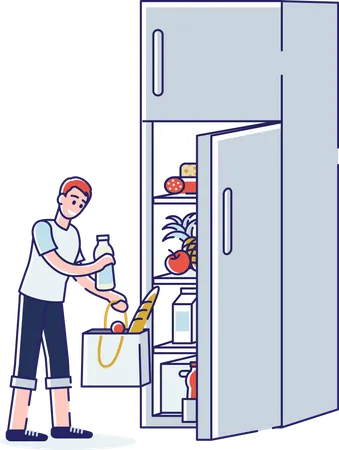 Boy putting goods in refrigerator  Illustration