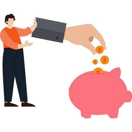 Boy putting money in piggy bank  Illustration