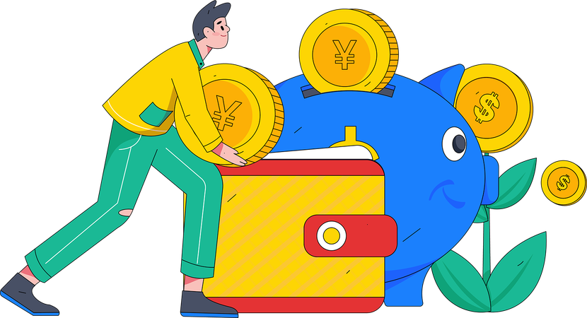 Boy putting money in piggy bank  Illustration