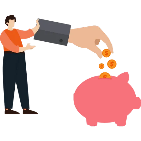 Boy putting money in piggy bank  Illustration