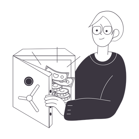 Boy Putting money in safe vault  Illustration