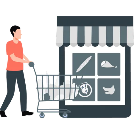 Boy putting things in trolley  Illustration