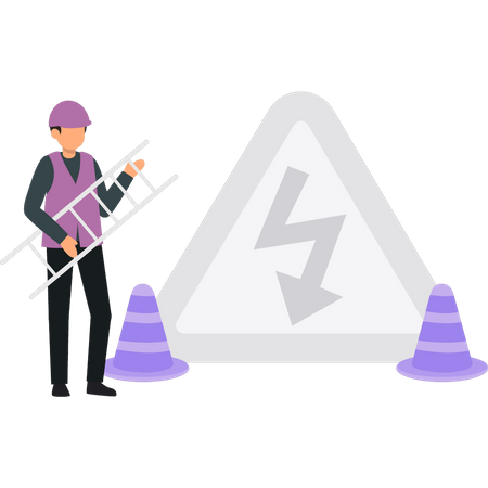 Boy putting up electric warning sign  イラスト