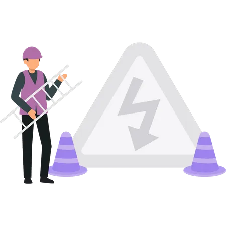 Boy Putting Up An Electric Warning Sign イラスト