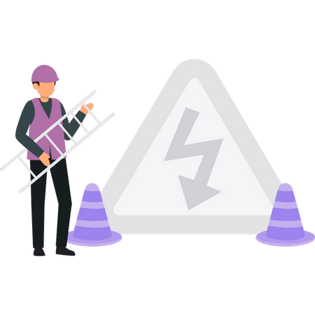 Boy putting up electric warning sign  Illustration