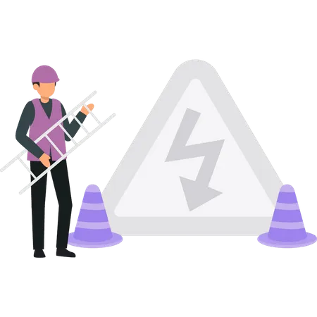 Boy putting up electric warning sign  Illustration