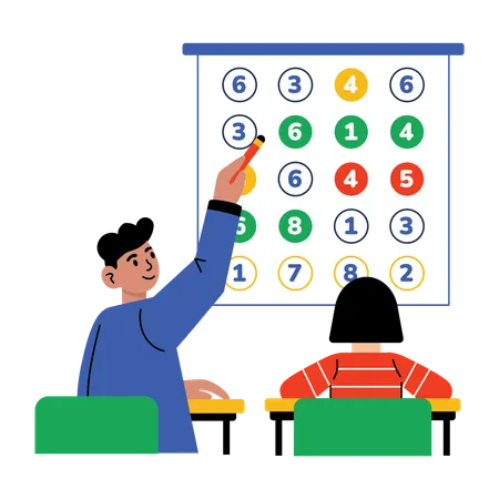 Boy raised hand in math lecture  Illustration