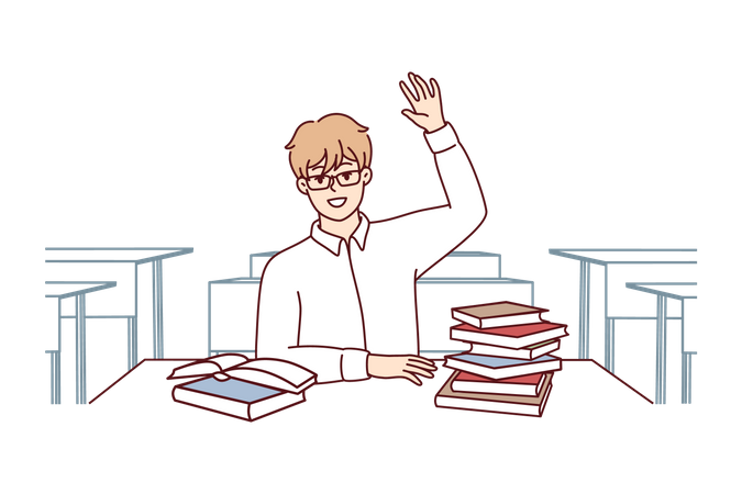 Boy raised his hand up in classroom  일러스트레이션