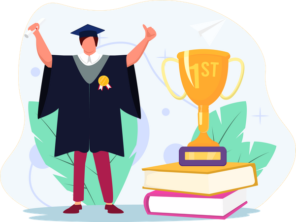 Boy raising hands on graduation day  Illustration