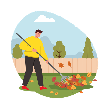 Boy Raking Leaves in the Backyard  Illustration