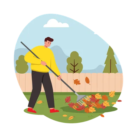 Boy Raking Leaves in the Backyard  Illustration