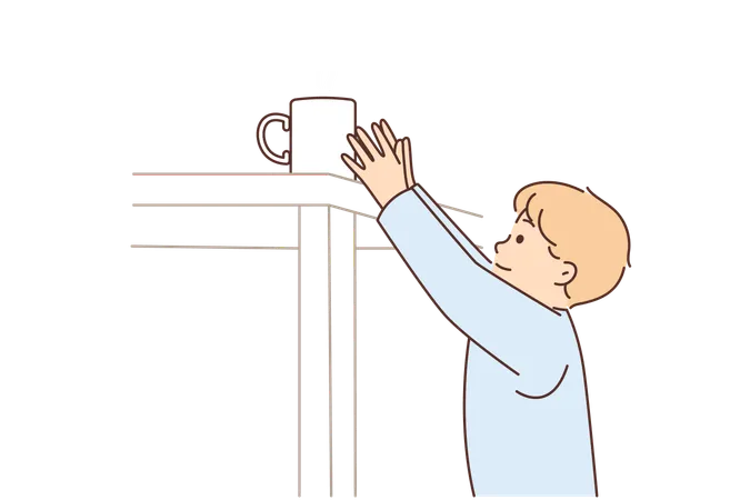 Boy reaches for mug of hot tea on table at risk of getting burned and getting into trouble  Illustration