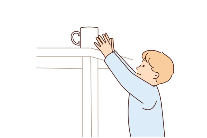 Boy reaches for mug of hot tea on table at risk of getting burned and getting into trouble  Illustration