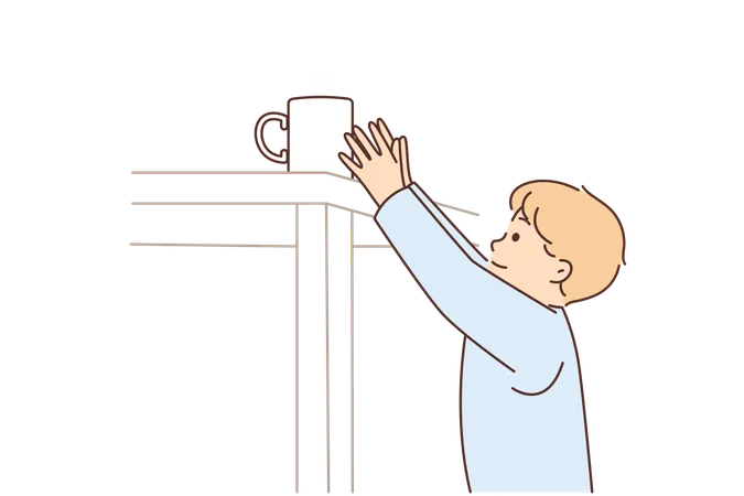 Boy Reaches For Mug Of Hot Tea On Table At Risk Of Getting Burned And Getting Into Trouble Because Of Negligence Of Parents Small Child Wants Hot Drink And Needs Adult Help To Avoid Health Risks Illustration